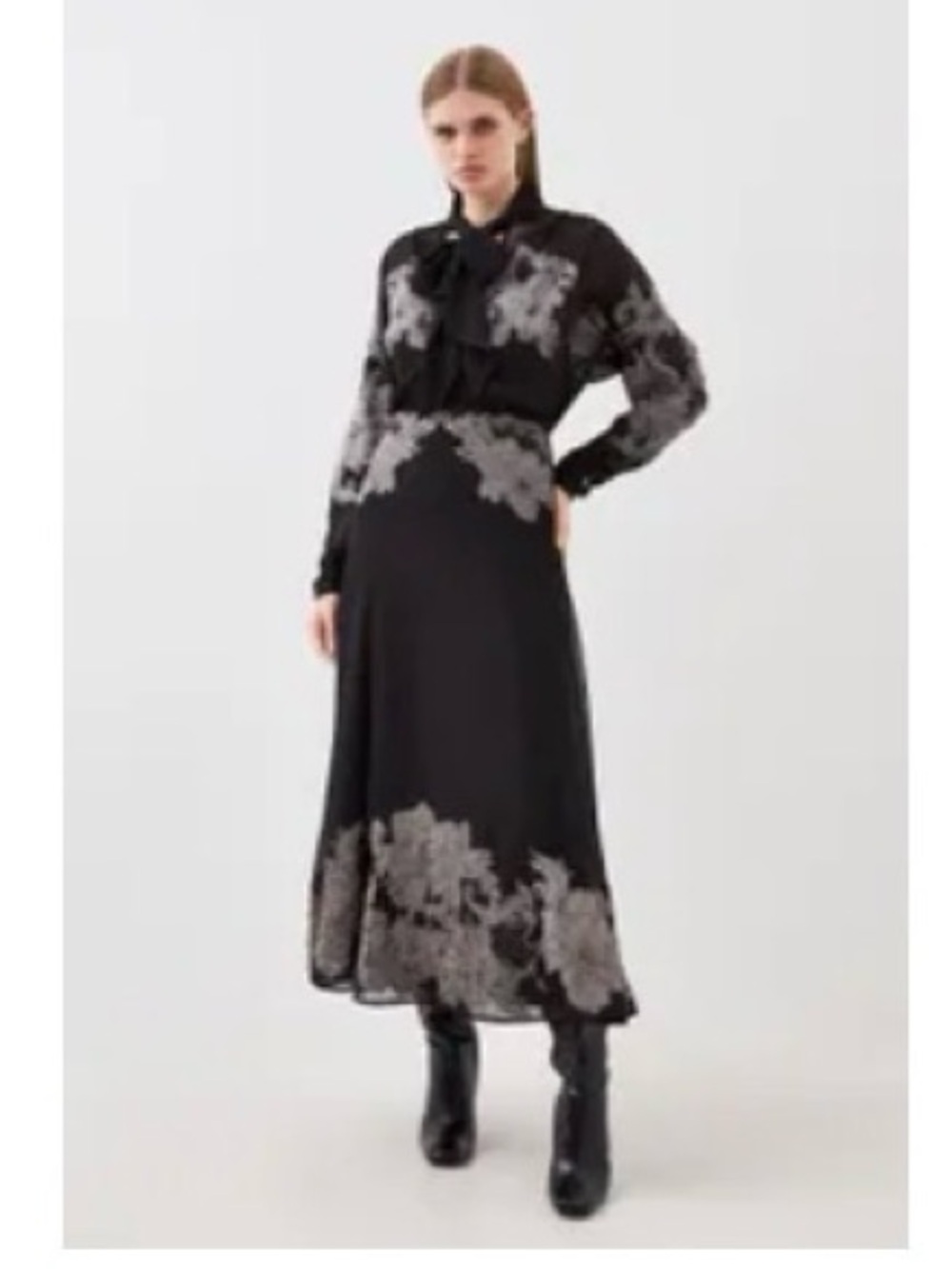 Karen Millen Black Maxi Dress with Silver Floral Lace